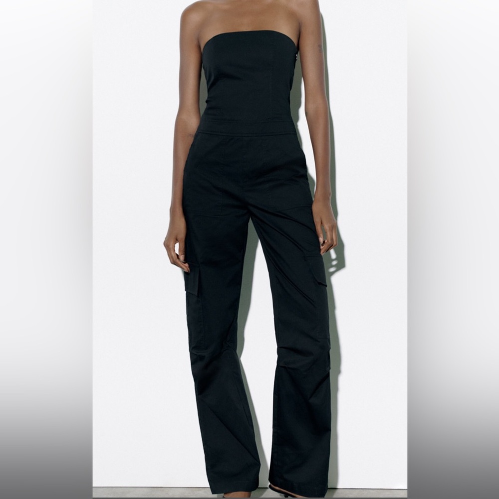 Zara strapless cargo jumpsuit black size small blogger favorite - Picture 4 of 16